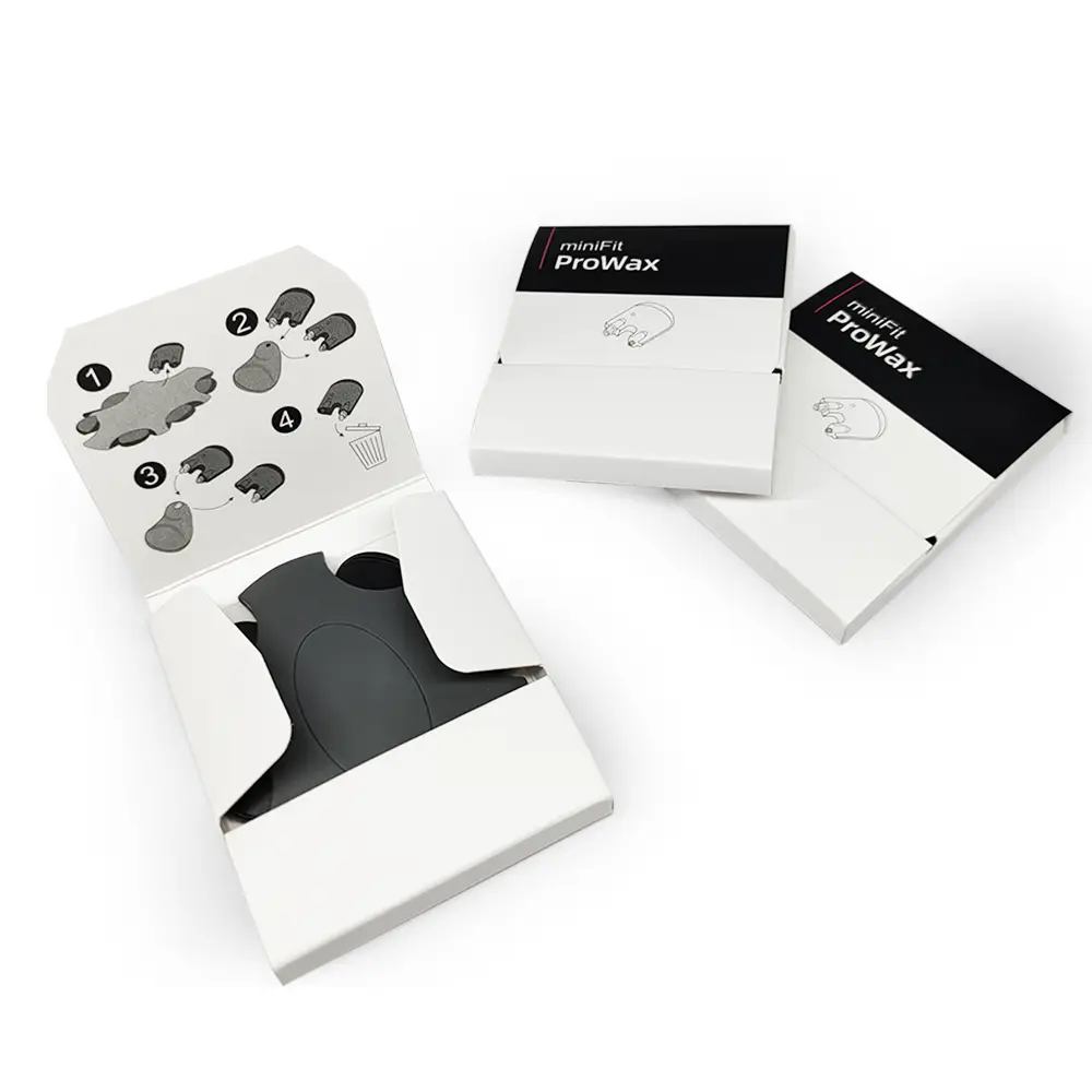 Custom logo and packaging for hearing aid accessories – OEM service from manufacturer, showing branded boxes and blister packs