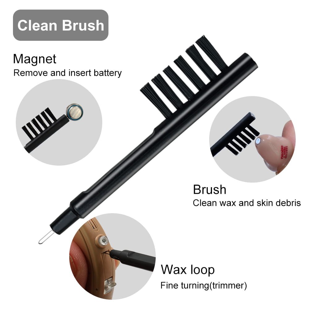 Hearing aid cleaning brush with magnet and wax loop – U-shaped design