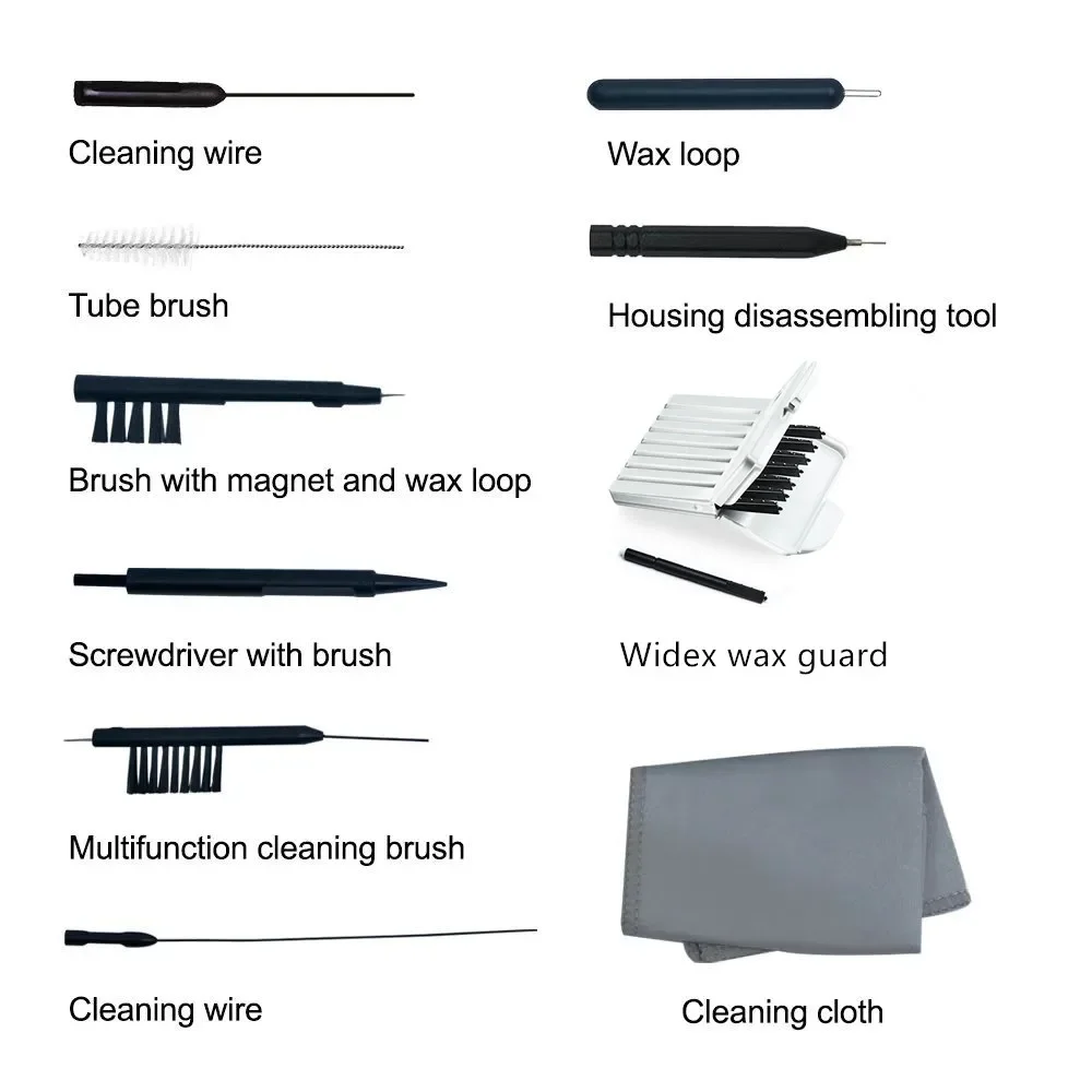 Hearing aid maintenance kit – customizable cleaning kit with wires, brushes, cloth, wax guards, and case